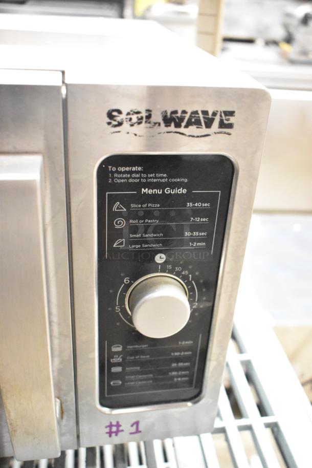 Solwave Commercial Countertop Microwave Oven, stainless steel, visible menu guide with cooking times, knob control.