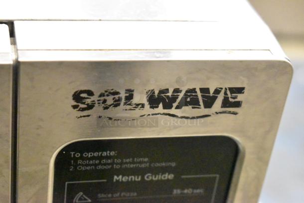 Solwave Commercial Countertop Microwave Oven, stainless steel, visible logo. Features operation instructions and menu guide.