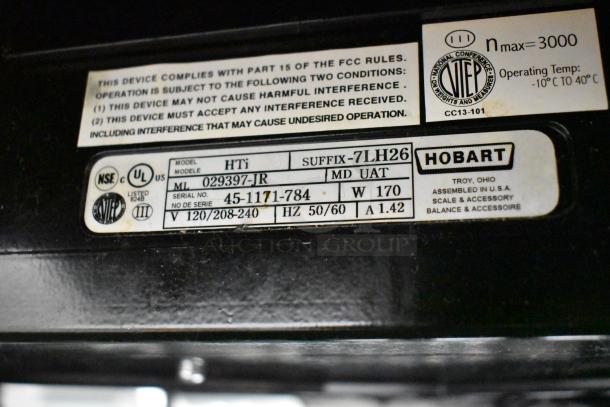 2017 Hobart HTi-7LH26 commercial countertop scale label. 120/208-240V, 1 Phase, tested and working, model details shown.