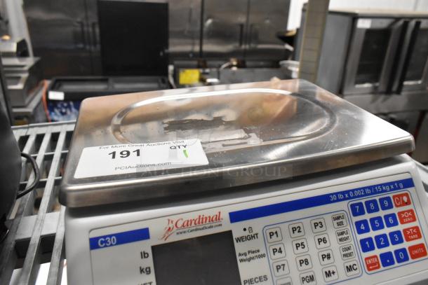 Cardinal C30 Countertop scale, 30 lb capacity, digital display, numeric keypad; visible wear, auction tag 191.