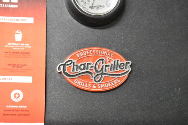 Char-Griller Professional propane grill logo and temperature gauge, featuring EasyDump ash pan and electronic ignitor.
