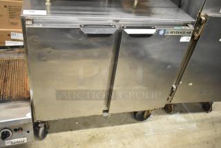 Beverage Air UCR36A Commercial 2 Door Undercounter Cooler with casters. Stainless steel, visible wear. 115 Volts, 1 Phase.