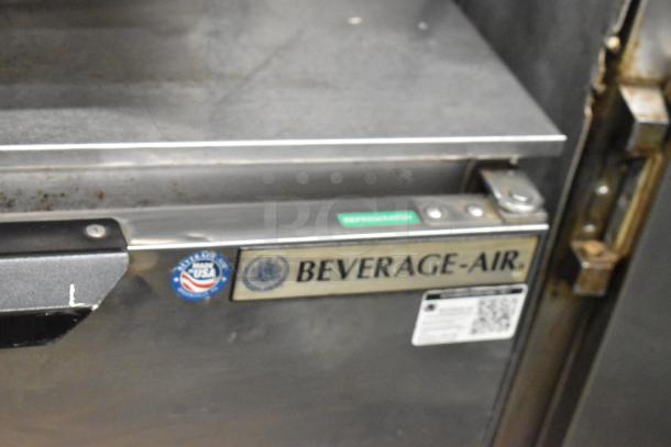 Beverage Air UCR36A commercial undercounter cooler, 2 doors, on casters. Tag shows "Beverage-Air" logo and "Made in USA".