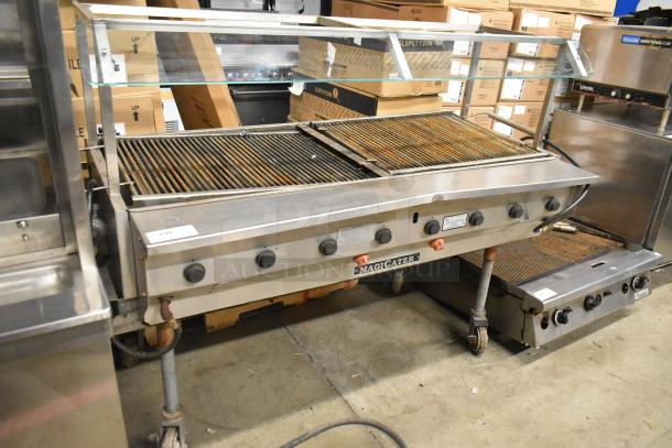 MagiCater LPAGA60 commercial propane charbroiler grill on casters, stainless steel, six knobs, visible wear, model label.
