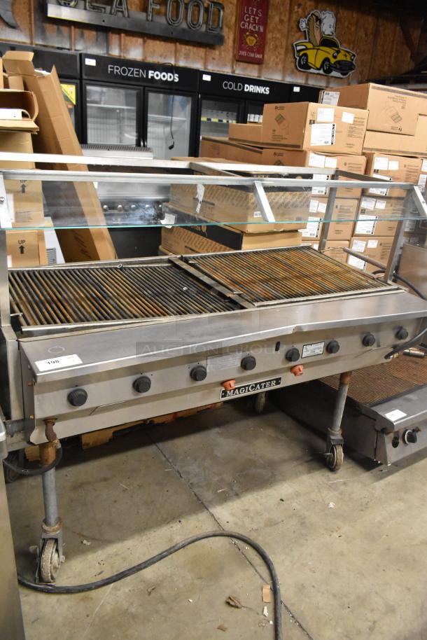 MagiCater LPAGA60 commercial propane charbroiler grill on casters, featuring six knobs, glass guard, and visible wear.