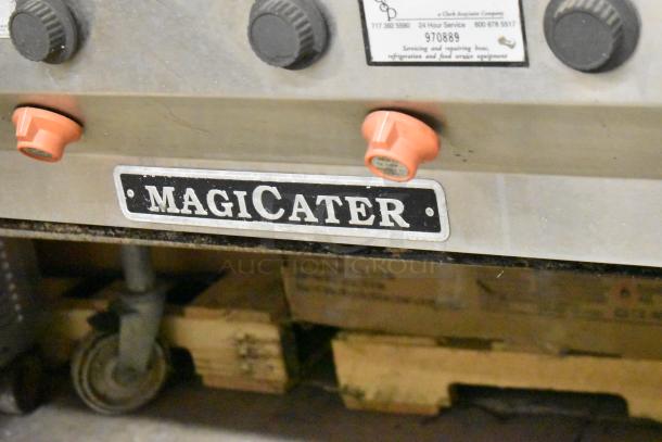 MagiCater LPAGA60 commercial propane charbroiler grill with control knobs and caster wheels. Brand label visible.