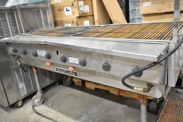 MagiCater LPAGA60 commercial propane charbroiler grill on casters, stainless steel, multiple control knobs, used condition.