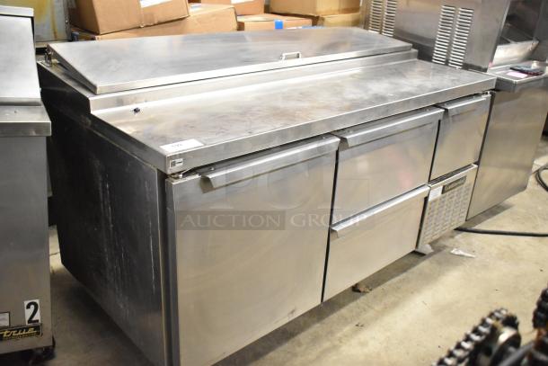 Continental CPA60 commercial pizza prep table, featuring two drawers and doors, on casters. Model CPA60, 115 volts, 1 phase.