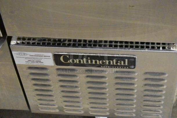 Continental CPA60 commercial pizza prep table, stainless steel, 2 drawers, 2 doors, on casters, 115V, visible brand label.