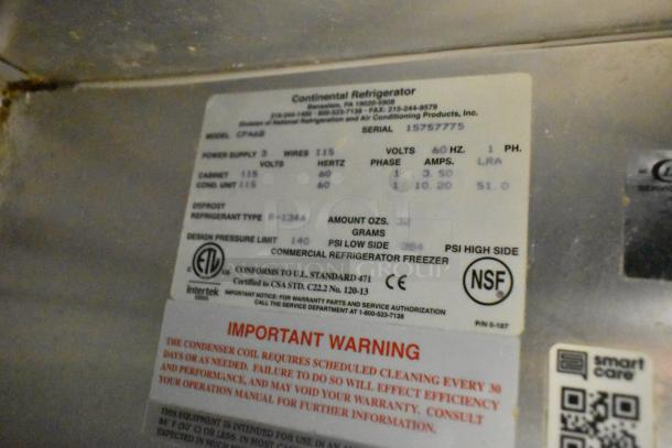 Continental CPA60 Pizza Prep Table, 2 drawers, 2 doors, casters, 115V, NSF certified, R-134A refrigerant, serial 15757775.