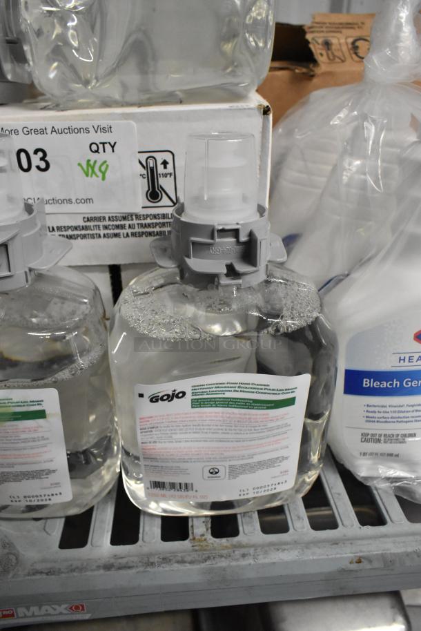 8 various cleaning items including GoJo Green Certified Foam Hand Cleaner and Clorox Bleach Germicide Cleaner.