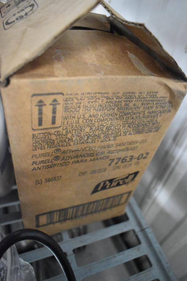 Cardboard box with Purell Advanced Hand Sanitizer Gel, labeled for recycling. Expiry date: 08/2026, code 7763-02.