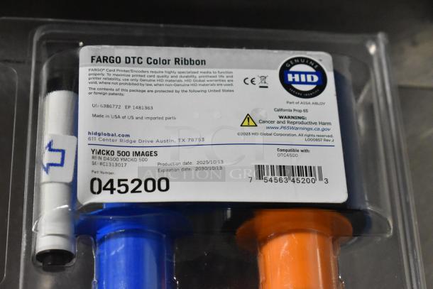Three-item auction: two HT03XL-BTI Li Polymer batteries and Fargo DTC Color Ribbon, new condition, for card printers, YMCKO 500 images.