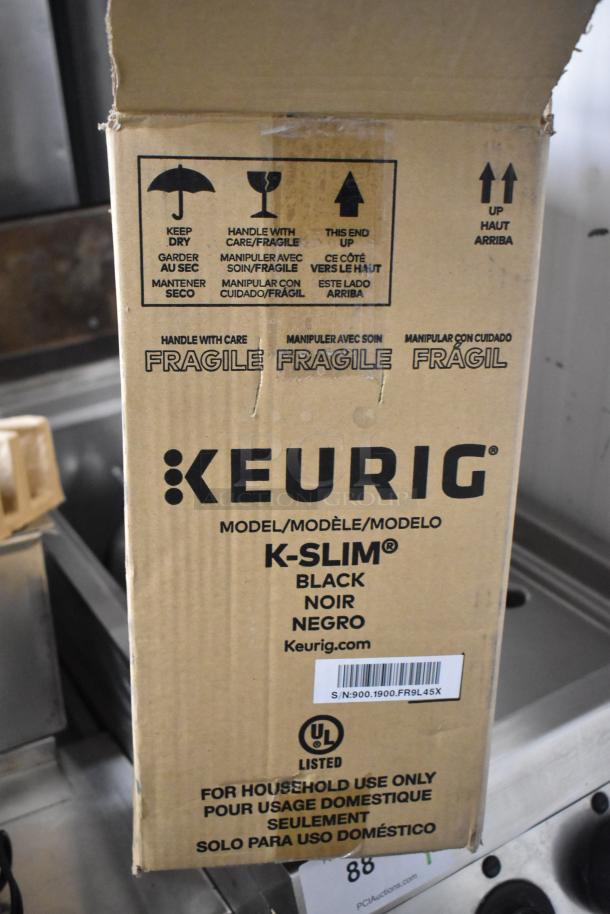 IN ORIGINAL BOX! Keurig K-Slim Single Cup Coffee Machine, 120V, 1 Phase. Box marked "Fragile" with care instructions.