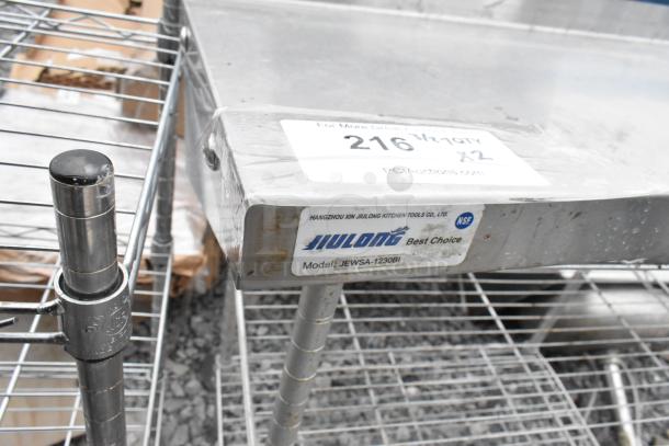 2 chrome 3-tier wire shelving units, Jiulong model JEWSA-1230BI, Hangzhou Xin Jiulong label, buyer must dismantle.