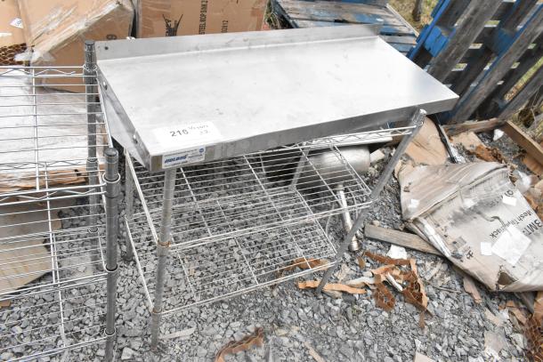 2 chrome finish 3-tier wire shelving units, sturdy metal, for dismantling. Includes manufacturer's label and auction tag.