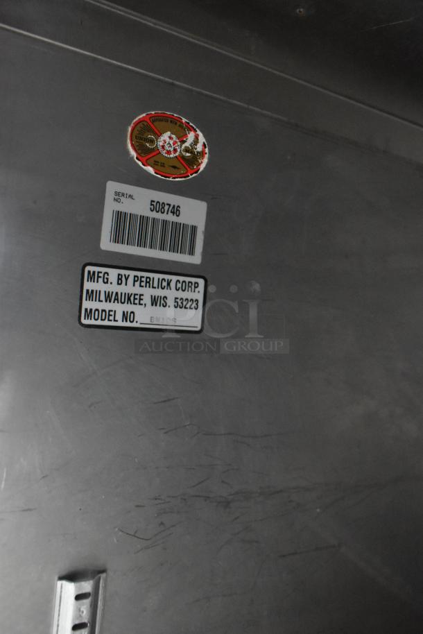 Perlick Commercial Counter w/ Door, stainless steel, visible tag showing serial no. 508746, scratches on surface.
