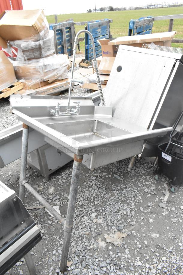 Commercial left side dirty dishwasher table, stainless steel with backsplash, faucet, pre-rinse sprayer, sturdy legs.