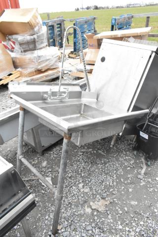 Commercial left side dirty dishwasher table, stainless steel with backsplash, faucet, pre-rinse sprayer, sturdy legs.