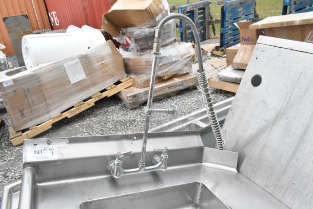 Commercial left side dirty side dishwasher table, stainless steel, with faucet and pre-rinse sprayer, good condition, ID tag visible.
