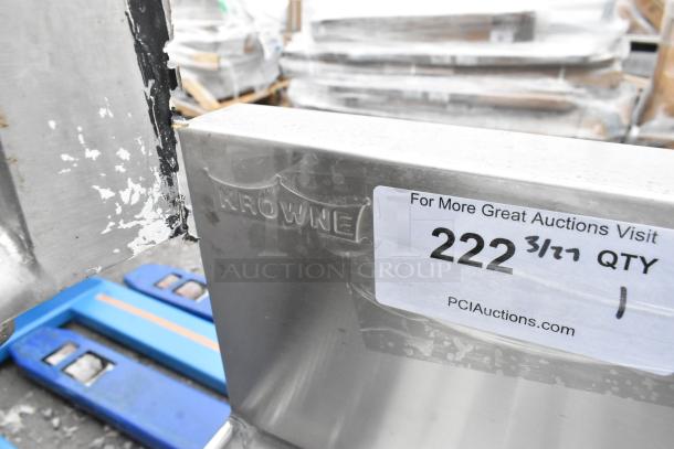 Krowne 3 Bay Back Bar Sink, dual drain boards, faucet, Speedwell feature, visible wear, brand marking "Krowne."