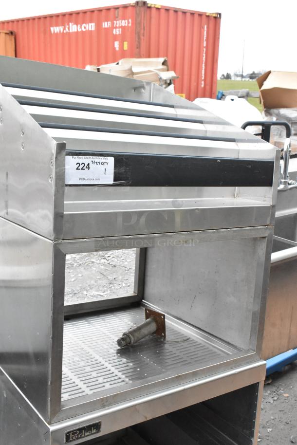 Perlick bottle display on a drain board, stainless steel, used condition, auction tag shows item number 224.