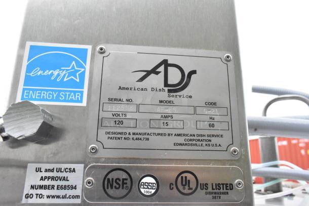 American Dish Service ADS AF-ES commercial dishwasher label, 120V, Energy Star, NSF, UL listed, serial 112538.