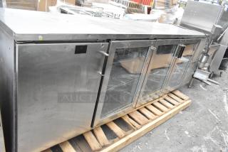 Perlick BS3DS 4 Door Back Bar Cooler, 3 glass merchandiser doors, stainless steel, 115V, used condition, scratches visible.