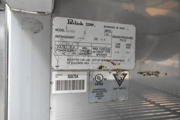 Perlick BS3DS commercial cooler label showing model, voltage, and compliance details. Serial number 508754.