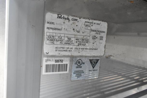 Perlick BS3DS tag shows model, serial 508752, 115 volts, UL listed for commercial use. One door uninstalled.