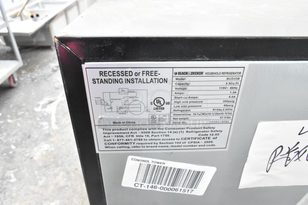 Three mini coolers including Galanz GLR33MBKE23 and Black & Decker BCD33B, 120 volts, labeled for recessed/freestanding installation.