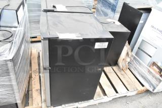 Three Galanz mini coolers on pallets, models GL31S5E, GLR31TS1E02, and GL27BK. Black cases, 120V, 1 phase. Auction lot of 3.