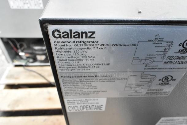 Three Galanz mini coolers, models GL31S5E, GLR31TS1E02, GL27BK, 120V, 1 phase. Features include 2.7 cu. ft. capacity, R600a refrigerant.