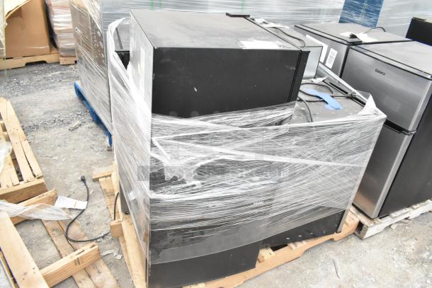Four mini coolers including Galanz GLR33MBKE23, Whynter CUF-210SSa, Galanz GL27BK, Haier, wrapped for auction, 120V, 1 phase.