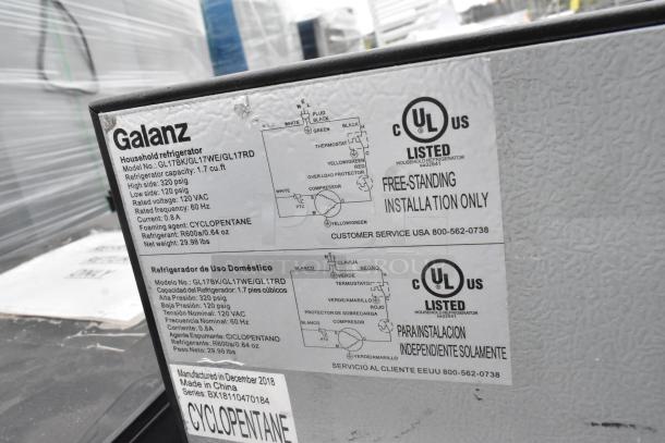 "Galanz refrigerator label showing model GL17BK, 1.7 cu. ft. capacity, 120V, with UL listing and installation instructions."