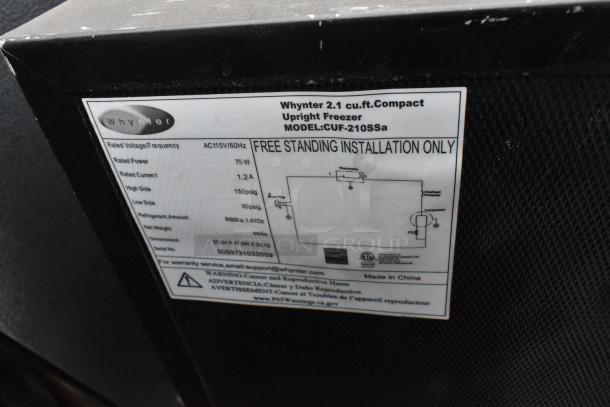 Label on Whynter 2.1 cu.ft. compact upright freezer model CUF-210SSa detailing specifications, installation, and warnings.
