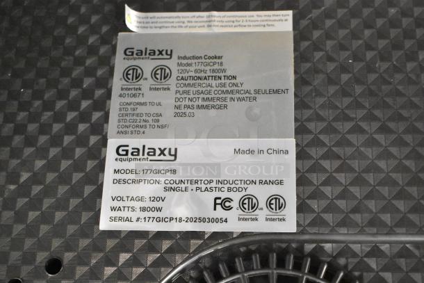 Galaxy 177GICP18 countertop induction range, 120V, 1800W. Commercial use, single burner, plastic body. Serial #177GICP18-2025030054.