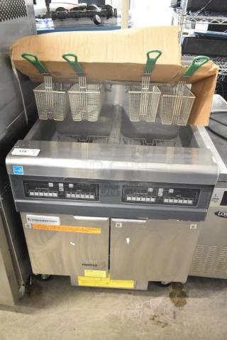 Brand new 2021 Frymaster FPPH255CSE propane gas deep fryer, 80,000 BTU, with 4 metal baskets, filtration system, on casters.