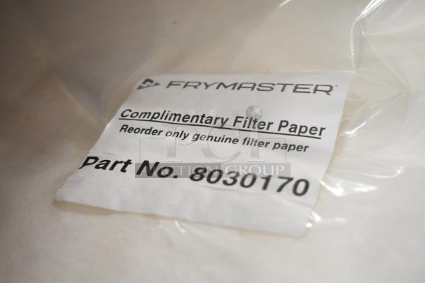 Frymaster complimentary filter paper, Part No. 8030170, in plastic packaging, labeled for genuine reorder.