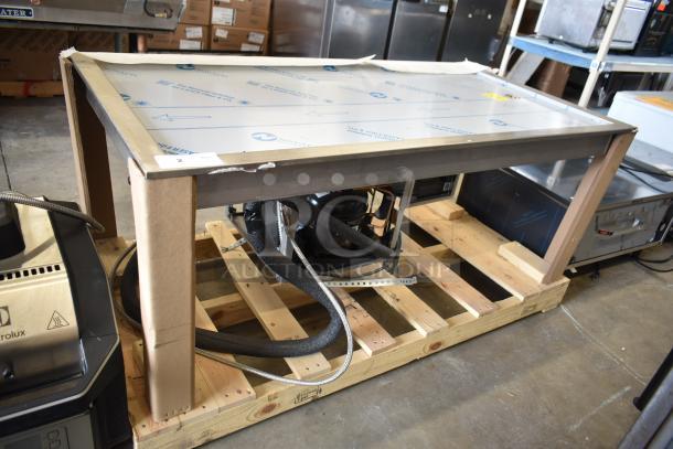 Brand new Hatco FTB-3 Frost Top, 57" three pan drop-in, 120V, 1 Phase, with scratches and dents, on wooden pallet.