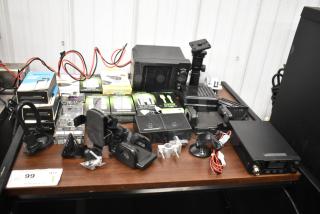 62 assorted items including Uniden Pro505XL radio, Rove & MobileSpec earbuds, micro USB cables; new condition.