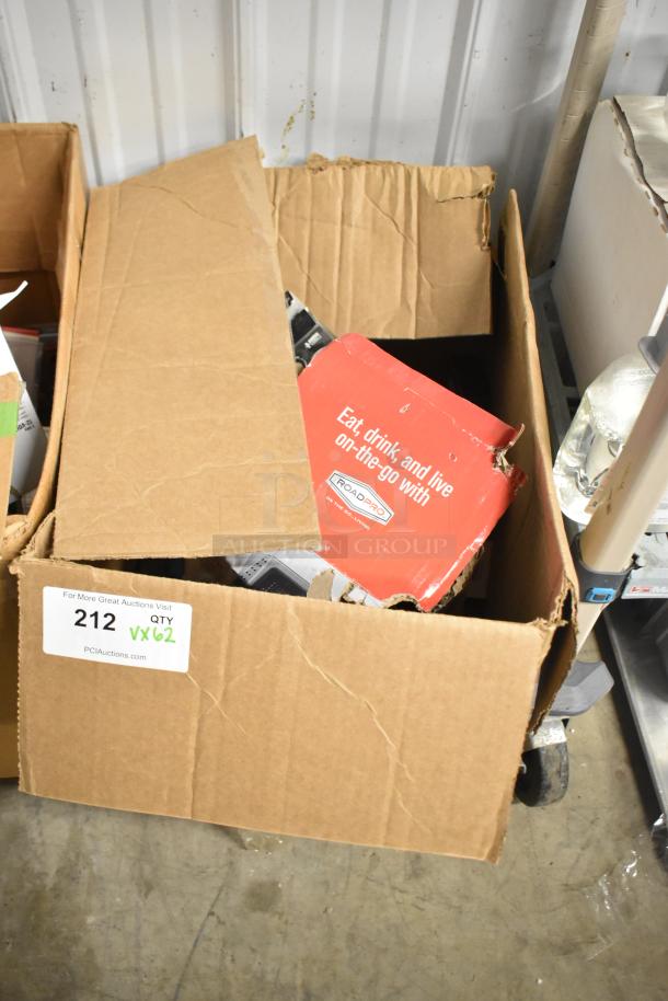 Open box containing 62 mixed items including a Uniden Pro505XL Radio and other electronics; auction lot label visible.