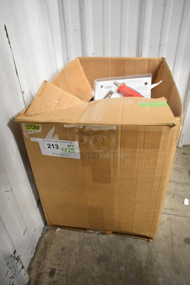 Cardboard box with 25 assorted items including fan, USB chargers, adapters, strobe light, headlamp, and duster gun.