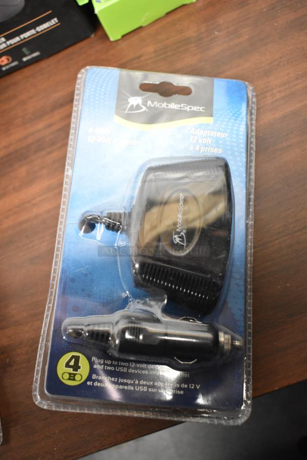MobileSpec 4-way 12-volt adapter in packaging, with USB compatibility, allows connection of multiple devices.