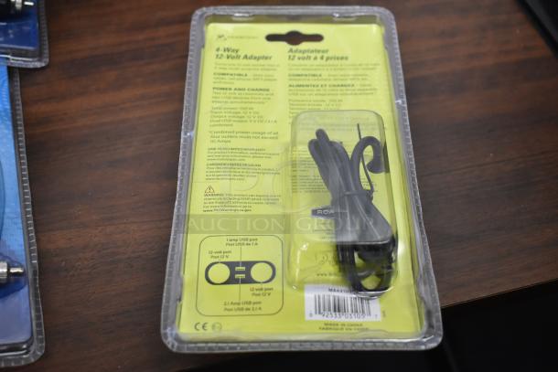 RoadKing 4-Way 12-Volt Adapter in packaging, featuring USB ports. Packaging details specs and compatibility.