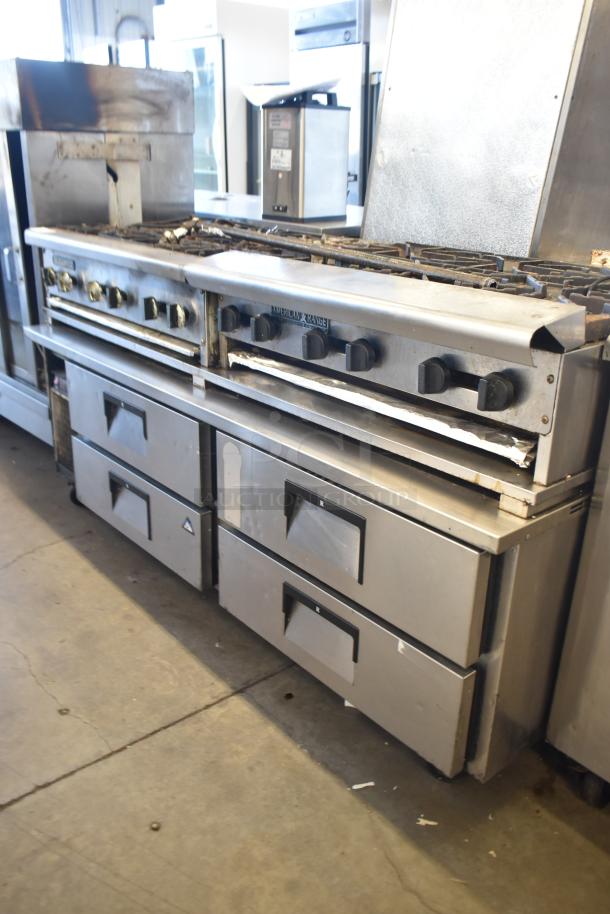 Radiance commercial 6 burner gas range with 5 burner griddle on Everest 4-drawer chef base, in used condition.