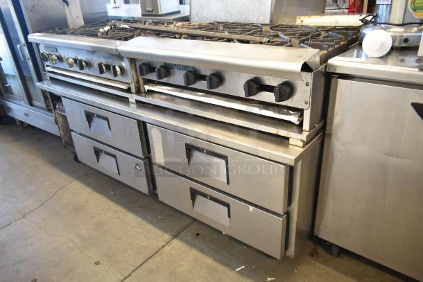 Radiance commercial 6 burner gas range atop Everest 4-drawer chef base. Features visible knobs, worn condition, industrial use.
