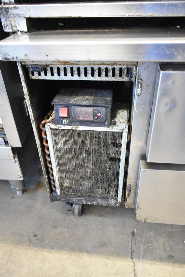 Radiance commercial countertop gas 6-burner range with 5-burner range on Everest 4-drawer chef base, used condition.