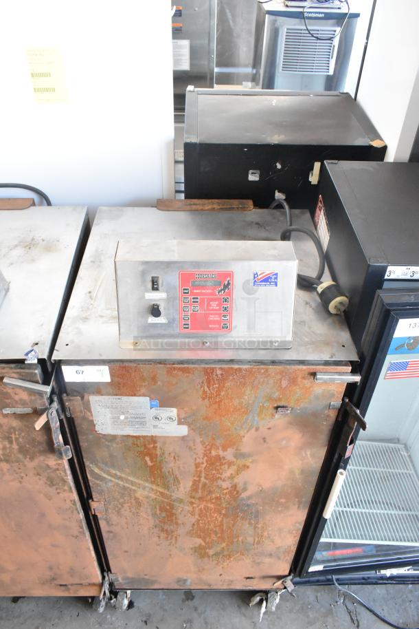 Cookshack 250 Commercial Electric Smoker, on casters, 208 volts, 1 phase, visible wear, control panel, labeled markings.