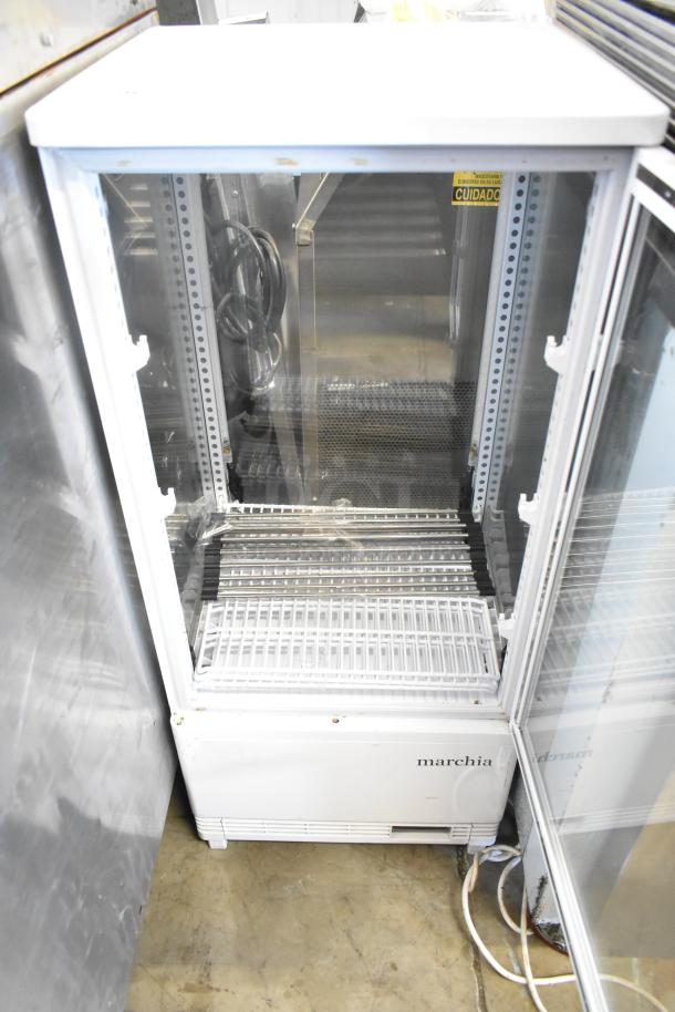 Marchia MDC78W countertop refrigerated merchandiser, glass door, white finish, visible wiring, 110-120V, 1 phase.